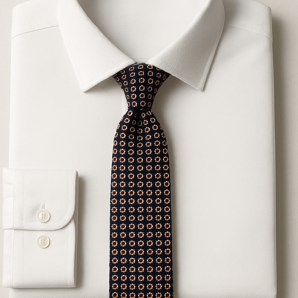 LANDS' END Navy Pewter Red Silk Necktie Square Dot Pattern
